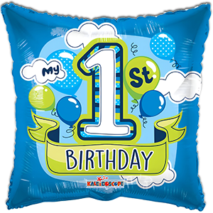 Balon patrat cu 1 st Birthday - baietel - 45 cm