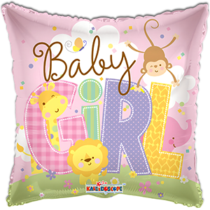 Balon patrat - Baby Girl - cu Animalute - 45 cm