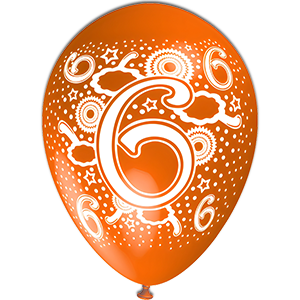 Balon latex - Portocaliu print cifra 6 alb - 30 cm